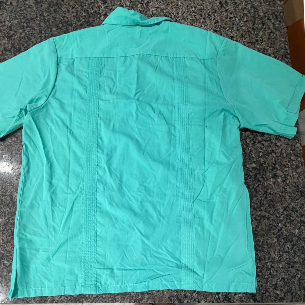 Maximos USA Guayabera Yucatan Shirt Mens 2XL Aqua Mint Short Sleeve Embroidered